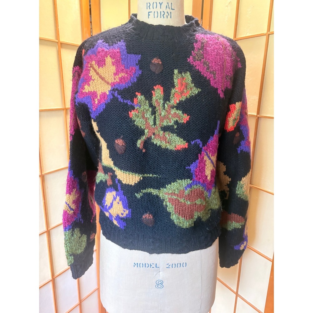 Woolrich Woman Vintage Wool Mohair Leaf Acorn Intarsia Sweater Black Small